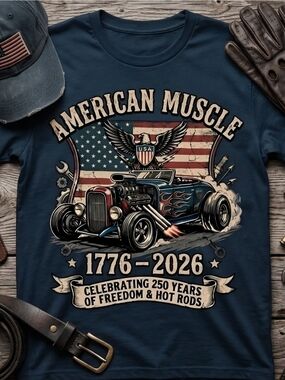 American Muscle 250th Anniversary Tee • Patriotic Hot Rod Shirt • USA Eagle Tee
